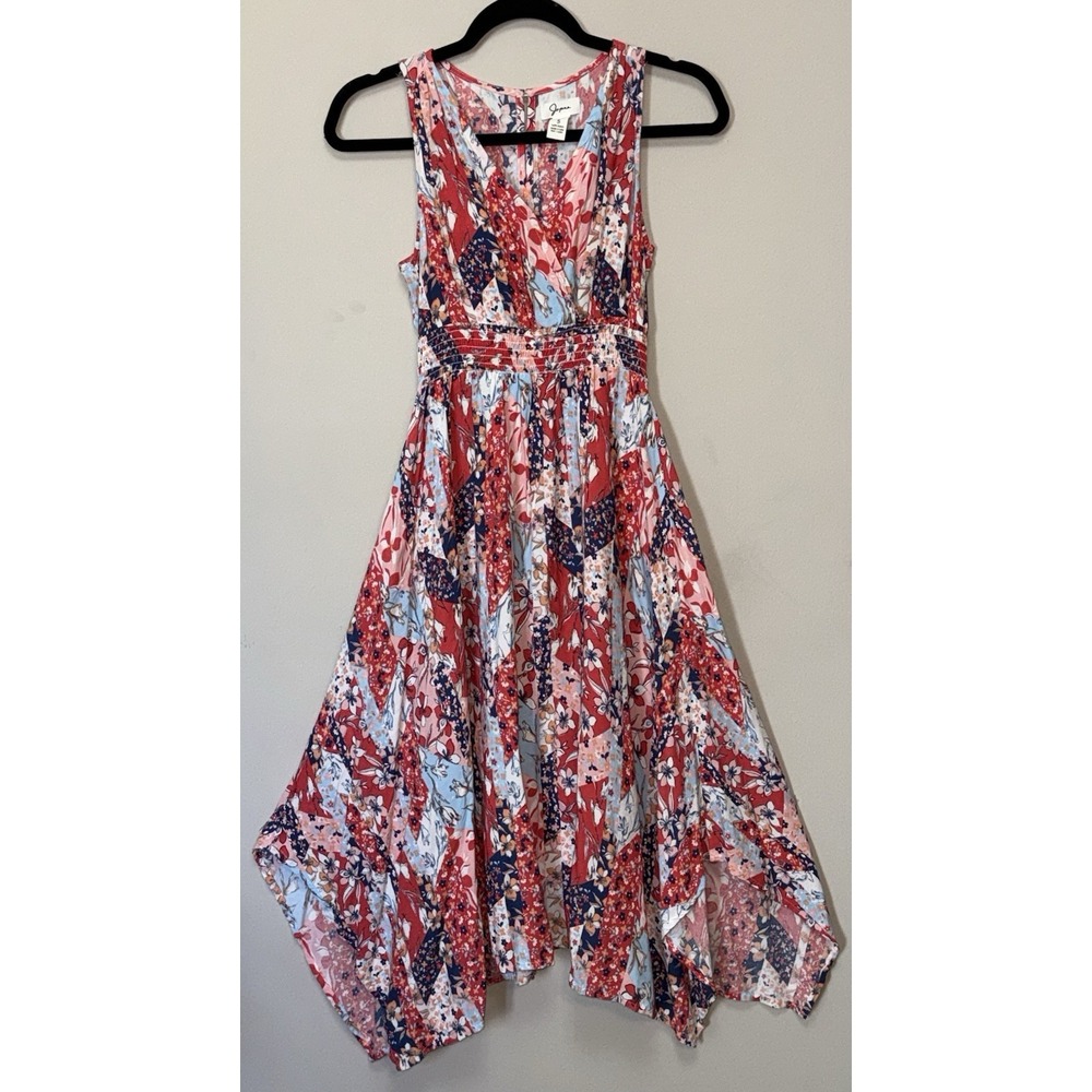 Japna Boho Floral Midi Dress Smocked Waist V-Neck Cottagecore Handkerchief Hem S